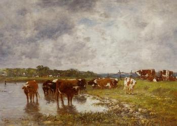 Eugene Boudin : Cows in a Meadow on the Banks of the Toques